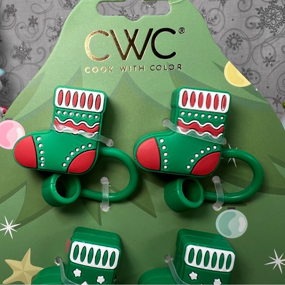 CWC Christmas Holiday Decorated Stocking Silicone Straw Toppers - Set Of 6 - Picture 4 of 6